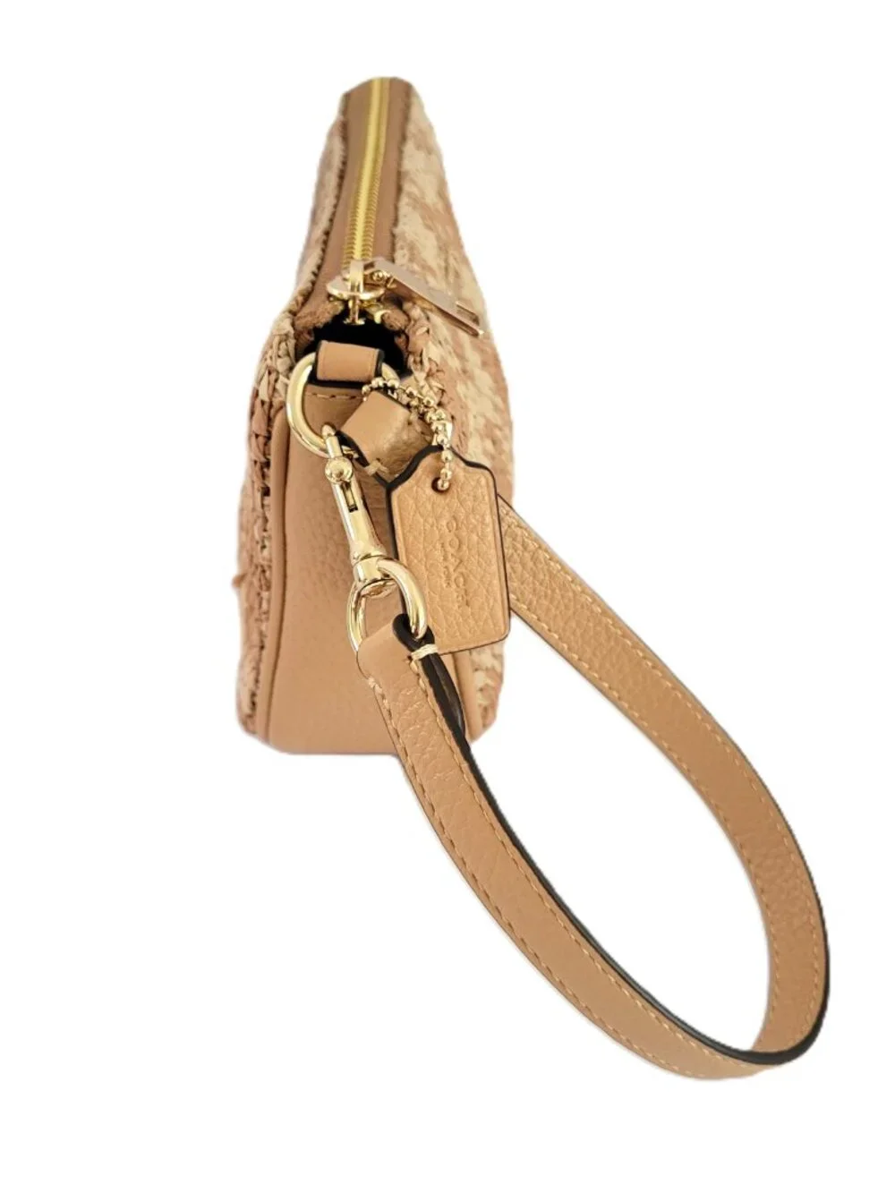 Coach CEN00 Nolita 19 Gingham Print Straw Small Handbag Clutch Wristlet Gold Tan